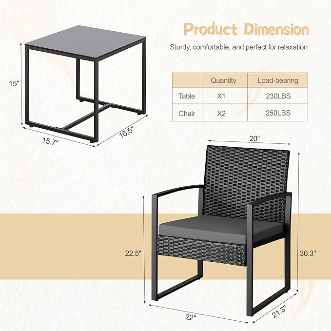 Greesum 3 Piece Wicker Conversation Bistro Sets Outdoor Patio Set Modern Rattan Chair Furniture Sets with Coffee Table for Yard Garden Porch Lawn (Grey)