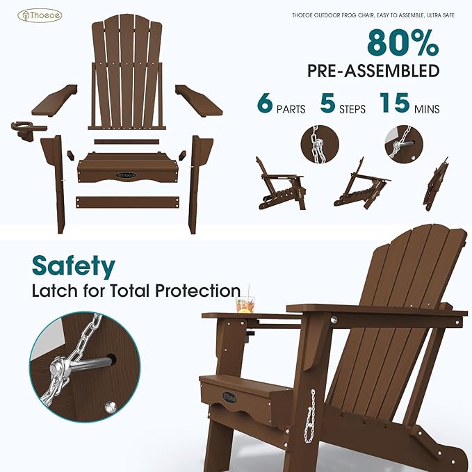 Folding Adirondack Chair Set of 8,HDPE All-Weather Outdoor Chair with Cup Holder,Wooden Textured,Fire Pit Chair,Plastic Patio Chair for Deck,Backyard,Garden,Lawn(Brown)