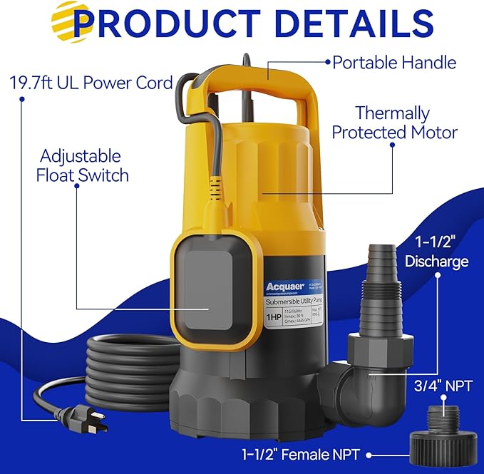 Acquaer Sump Pump Submersible Water Pump for Water Removal in Hot Tubs, Pools, Basements, and Garden Ponds, 1HP 4345GPH Float Switch