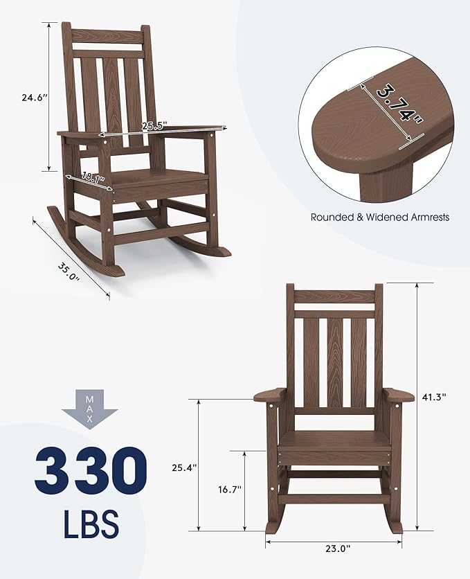KINGYES Outdoor Rocking Chair, All-Weather Patio Rocking Chairs for Porch, HDPE Rocking Outdoor Chairs with High Back for Adult, Heavy Duty Outdoor Patio Rockers for Garden, Lawn, Brown