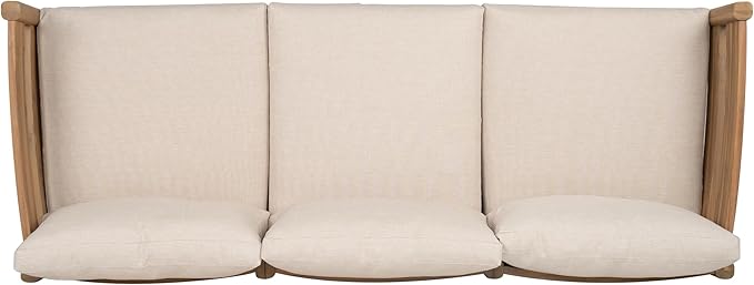 Christopher Knight Home Kavets 76.25'' W Outdoor 3 Seater Sofa with 5" Cushion, Acacia Wood Patio Sofa, Modern Slat Panel Bench, Spacious Seating Couch for Backyard Garden Porch, Light Teak+Beige