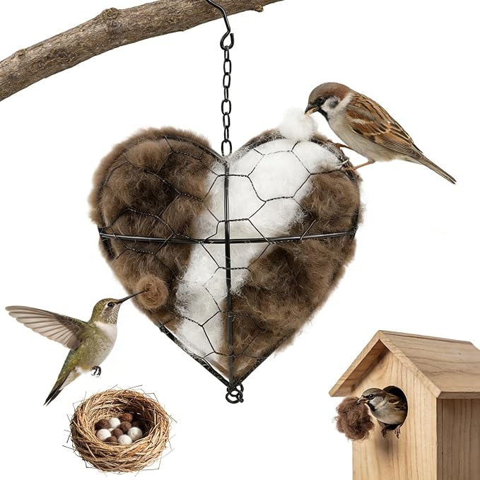 Handmade Alpaca Fiber Bird Nesting Heart, Birds Nests Material Holder, Winter Tree Shelter for Wild Bird, Hummingbird Houses Nest Boxes Gifts for Outside Garden Art Birdhouse, Birds Lovers