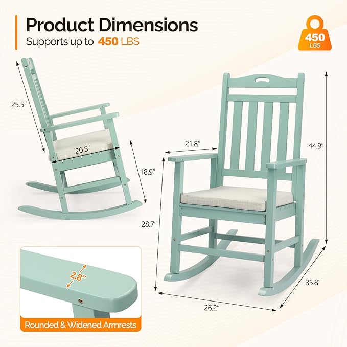 VINGLI Outdoor Rocking Chair, Heavy Duty 450 lbs Poplar Wooden Rocking Chair with High Backrest Design, Come with a Cushion, All-Weather Lounge Rocker Support for Garden, Deck (Mine Green)