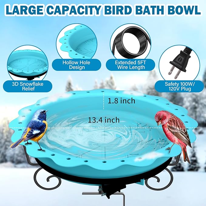 Heated Bird Bath for Deck Railing, Powerful 100W Thermostatically Controlled Heated Bird Baths for Outdoors for Winter, Heated Birdbath Water Heater for Outside Garden Yard Patio Lawn (Blue)