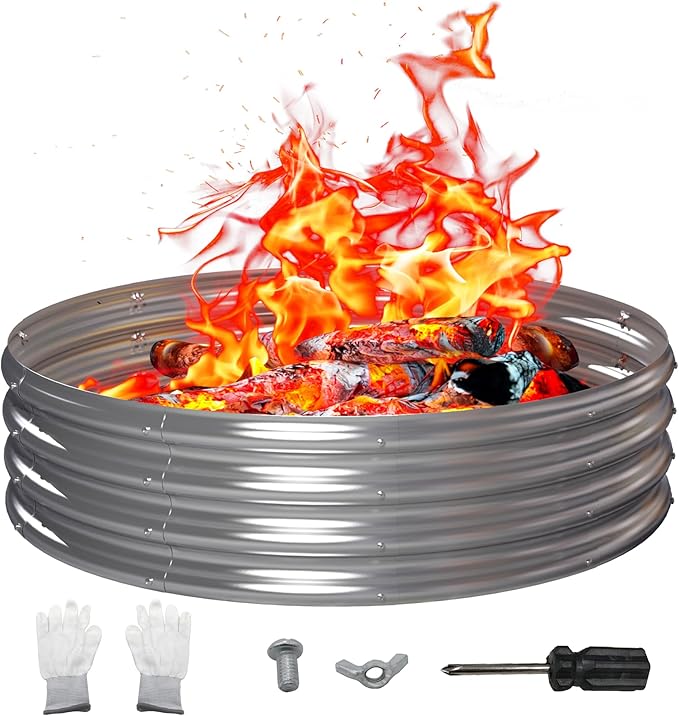 48 Inch Outdoor Fire Pit Ring, Round Galvanized Portable Fire Pit for Camping, Metal Steel Bonfire Fire Ring for Outside, Backyard