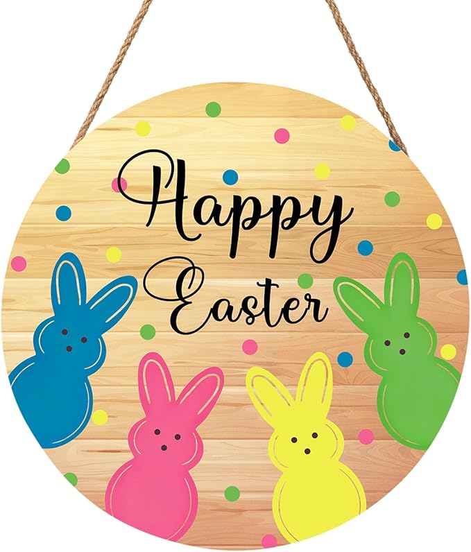 Anyako Happy Easter Yellow Door Sign For Front Door Decor,Cute Bunny Colored Polka Dots Wooden Sign 12"x 12" Round Hanging Spring Summer Door Sign Decoration for Wall Rustic Decor