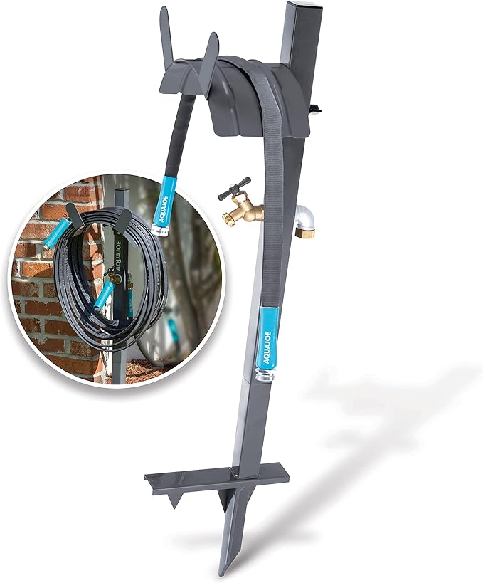 Aqua Joe SJ-SHSBB3LIH Garden Hose Stand with Brass Faucet and 3 ft Lead in Hose, Gray