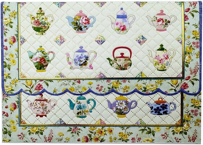 Poster Foundry Quilted Teapot Note Card Set by Carol Wilson Boxed 10 embossed 4x5 Die-Cut Notecards and Matching Envelopes Tea Party Invitations NCP2333