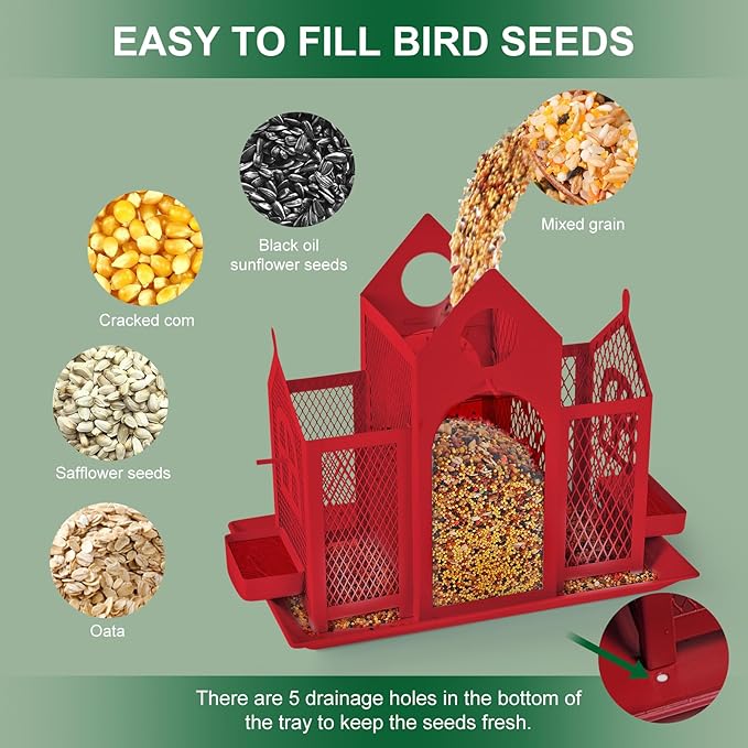 Solar Bird Feeder House for Outside Hanging, Large Capacity Birdhouse Bird Feeders Hanging for Outdoors, Metal Mesh Wild Birdfeeder for Finch Cardinal (Red and Black)