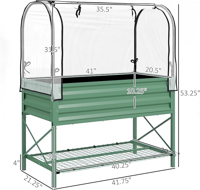 Outsunny Raised Garden Bed with Cover and Storage Shelf, Rectangular Metal Elevated Planter Box with Legs and Bed Liner for Vegetables, Flowers, Herbs, Green