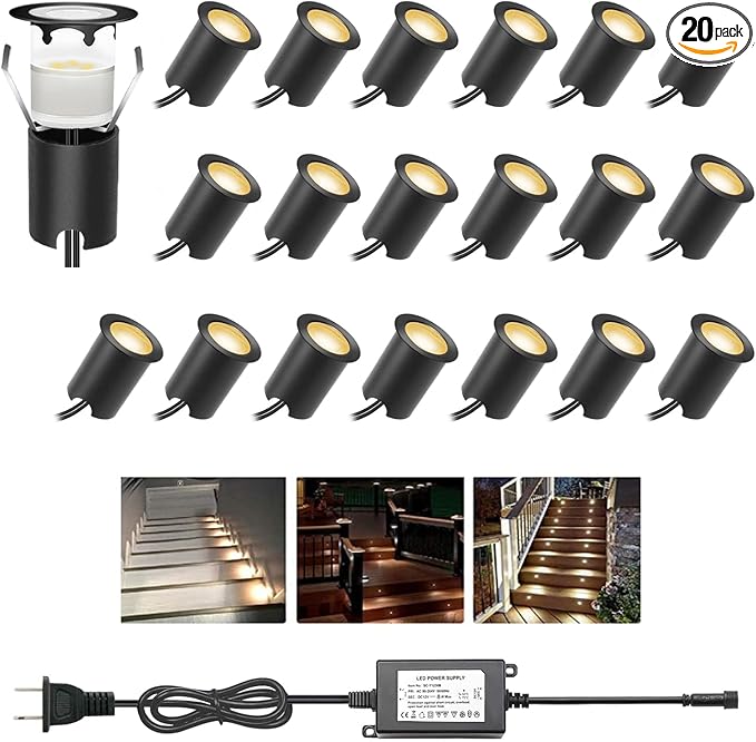 Recessed LED Deck Lights Kits with Protecting Shell,20Pack Φ1.18 IP67 Waterproof 12V Low Voltage Embedded Step Stair Warm White Outdoor Landscape LED Lighting for Yard,Garden,Floor,Entryways