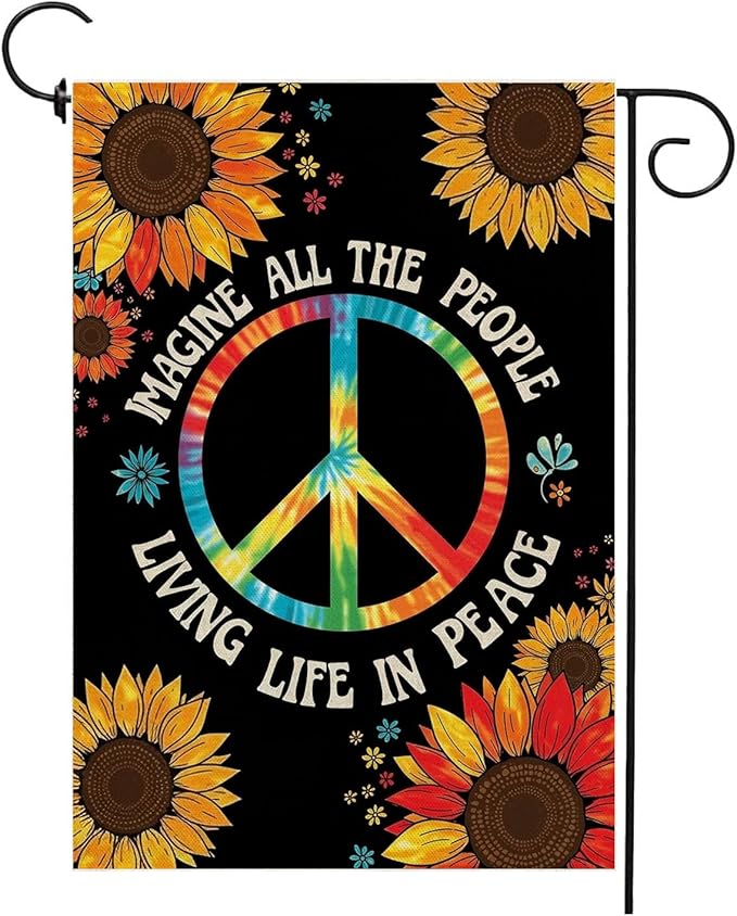 Peace Sign Garden Flag 12x18 Inch Vertical Double Sided Rainbow Sunflower Imagine All The People Living Life in Peace Motivational for Outdoor Yard Lawn Decorations