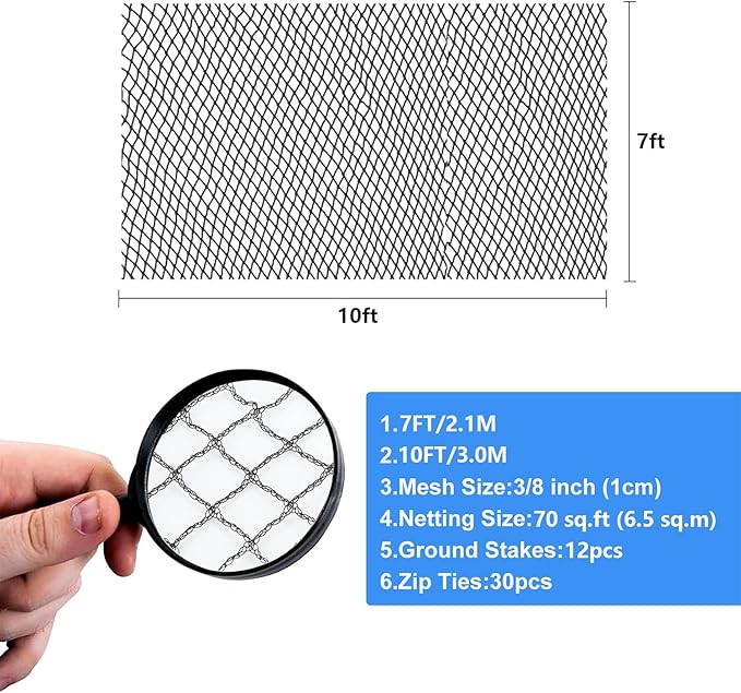 Pond Netting, 7 x 10FT Pond Net for Koi Ponds, Garden Pool Fine Mesh Pond Netting Cover for Leaves, Protects Koi Fish from Birds Cats Predators, with 12 Stakes and 30 Cable Zip Ties