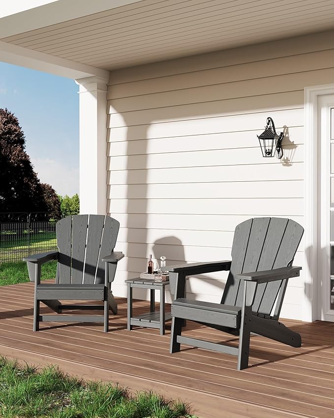 Modern HDPE Plastic Adirondack Chair - Oversize 380 LB Poly Lumber Weather Resistant Firepit Chair - Outdoor Patio Chairs with Wooden Textured for Garden, Backyard, Lawn, Deck, Pool, Porch - Grey