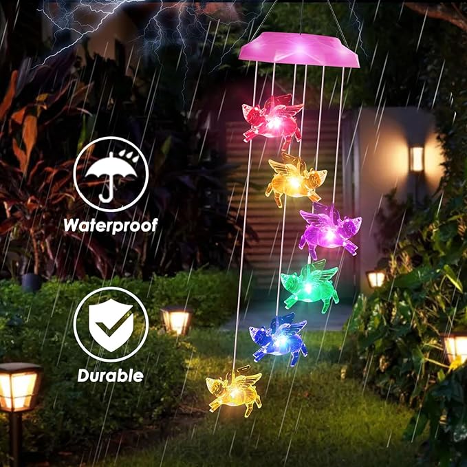 Solar Wind Chimes for Outside- Pig Wind Chimes Pink,7 Colors Changing Outdoor Waterproof Flying Pig LED Wind Bell, Patio Garden Yard Decor(Gifts for Dad,Mom, Women, Gardening Gifts)