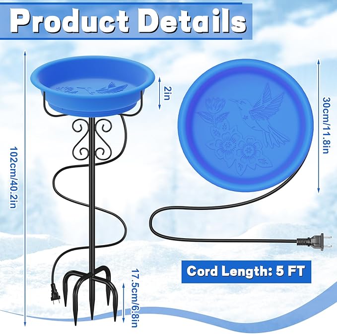 Heated Bird Baths for Outdoors,Large Capacity 100W Thermostat Control Heated Birdbath with 5-Prong Metal Base Water Heated Bird Bath Bowl for Outside Winter Garden Patio Yard Lawn(Blue)