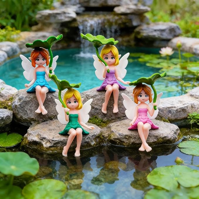 Miniature Fairy Figurines - 4Pcs Small Flower Fairies Ornaments Resin Mini Fairy Figurines Tiny Elf for DIY Fairy Garden Flower Pot Bonsai Micro Landscapes Craft Decoration Accessories (lotus leaf)