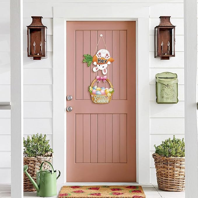CHDITB Easter Bunny Wooden Sign, Happy Easter Wood Hanging Plaque With Carrot, Spring Rabbit Front Door Sign, Eggs Basket Wall Art Sign Hanger, Welcome Wall Decor For Outdoor Porch Yard Home Decor