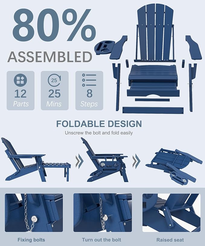 Adjustable Adirondack Chair with Retractable Ottoman, HDPE Folding Adirondack Chair with Cup Holder, All Weather Fire Pit Chair for Outdoor.