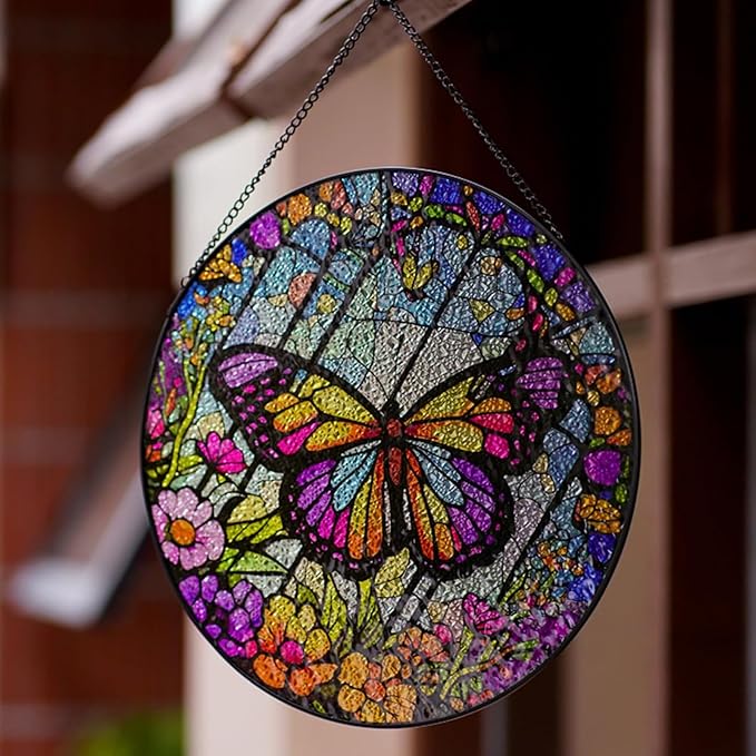 Generic Butterfly Stained Glass Suncatcher Artistic Window Hanging,7.8” Hand-Painted Glass Panel Wall Home Decor,Gift for Women Garden Decor Suncatcher, BL009