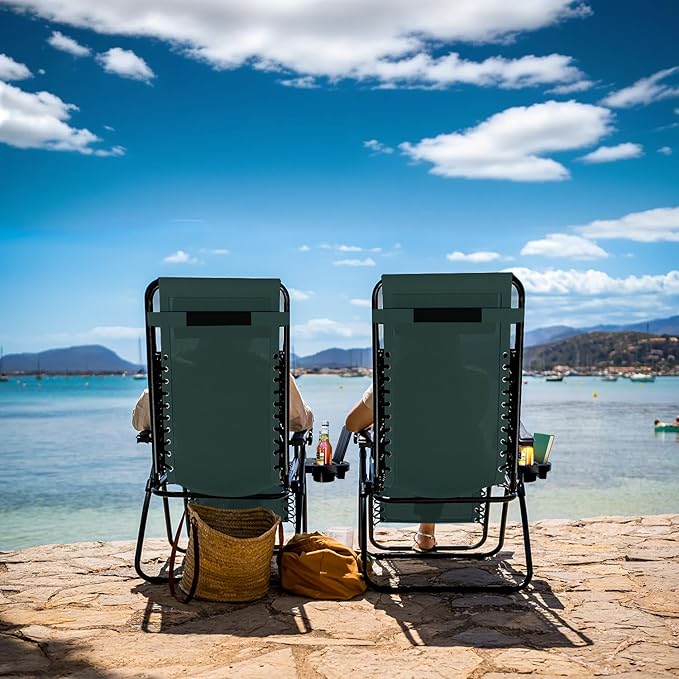 Nestl Zero Gravity Chairs Set of 2, Patio Lounge Chair Outdoor with Pillows & Cup Holder Trays, Adjustable Steel Mesh Reclining Camping Chair, Folding Patio Lawn Chair for Deck, Beach - Forest Green