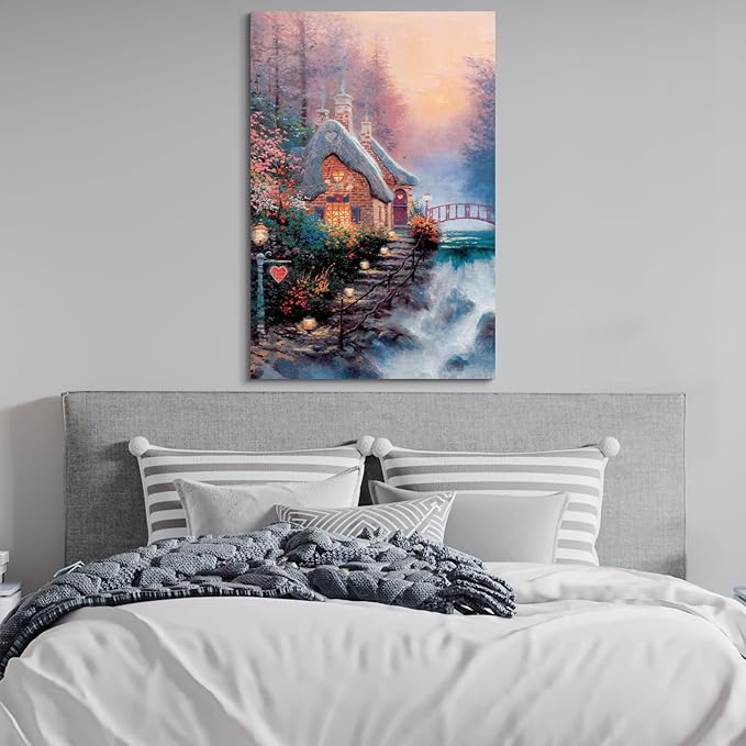 STUDIO HAVEN Thomas Kinkade Canvas Wall Art, Red Bridge Glowing Windows Lush Floral Gardens Oil Painting Fairytale Poster Enchanted Sunset Wall Decor, Framed Prints for Home Decor, 32x48Inch