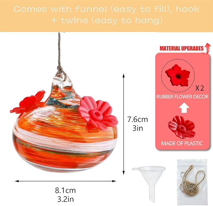 Small Glass Hummingbird Feeders for Outdoors 3in Hanging Blown Glass Ball Humming Birds Feeder with 2 Feeding Ports for Outside Garden Patio Decor for Window