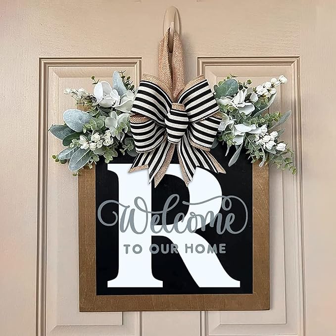 Last Name Front Porch Decor, Welcome Sign Door Wreath, Outdoor Decorations, 26 Letter Hanging Wreath, Spring Monogram for All Seasons (R)