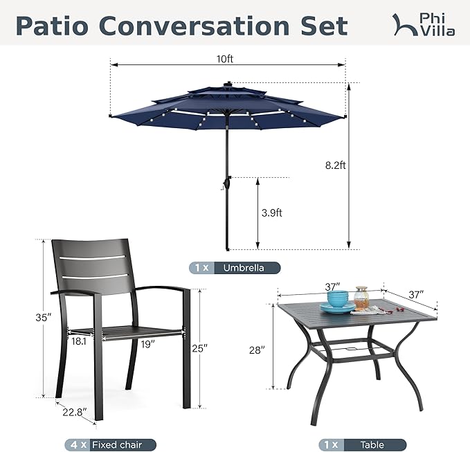 PHI VILLA 5 Pieces Outdoor Dining Set with Umbrella for 4, 37" Square Metal Steel Table & Stacking Wrought Iron Chairs & 3-Tier Blue Umbrella, Outside Furniture Set for Patio, Deck, Porch, Backyard