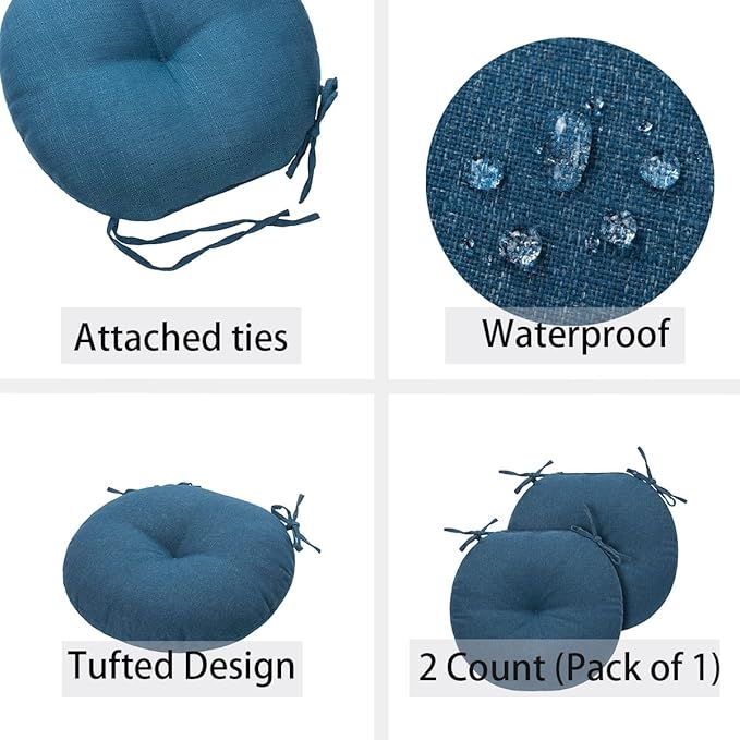Bistro Chair Cushions 15 inch,Set of 2,Tufted Round Chair Cushions with Ties,15"x15"x4",Water Resistant Round Seat Cushion for Barstool Chairs,Patio Garden Kitchen Outdoor Furniture(Denim Blue)