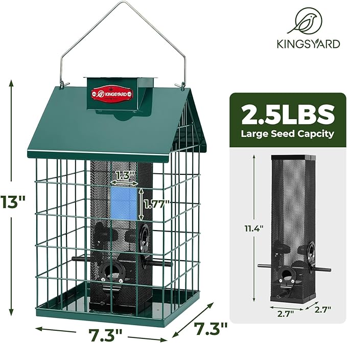 Kingsyard Squirrel Proof Caged Bird Feeder for Outdoor Hanging - Weatherproof Metal Mesh Tube Finch Bird Feeder with 4 Ports for Nyjer/Thistle Seed, Small Birds Goldfinches, Chickadees, Green