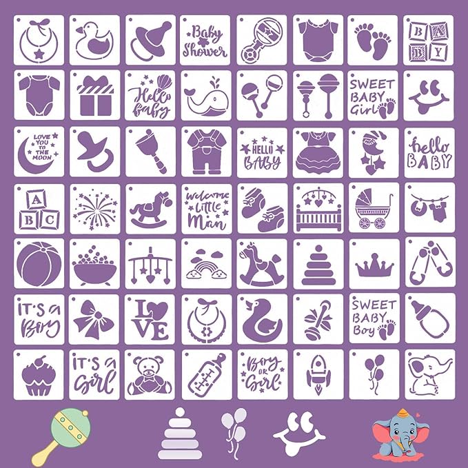 56 Pcs Baby Shower Stencils, 3x3in Reusable Small Onesie Stencils Bodysuit Bib Shirts Cakes Stencil, Cute Baby Stencil Onesies Templates for Painting on Wood Wall Fabrics DIY Home Decors Arts Crafts