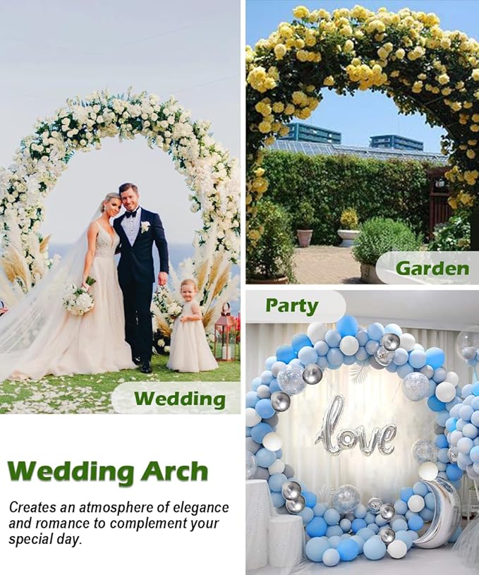 Queension Metal Wedding Arch | for Ceremony Party Decoration 8Ft Wide 7Ft High,Garden Arch Trellis with Ground Bases for Climbing Plants,Outdoor Garden Arbor for Roses Vines, Round Frame, Black