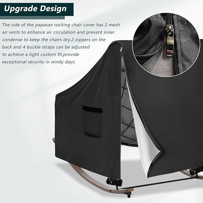 Outdoor Rocking Chair Cover, Heavy Duty Waterproof Papasan Chair Cover with Split Zipper, Easy to use, Black