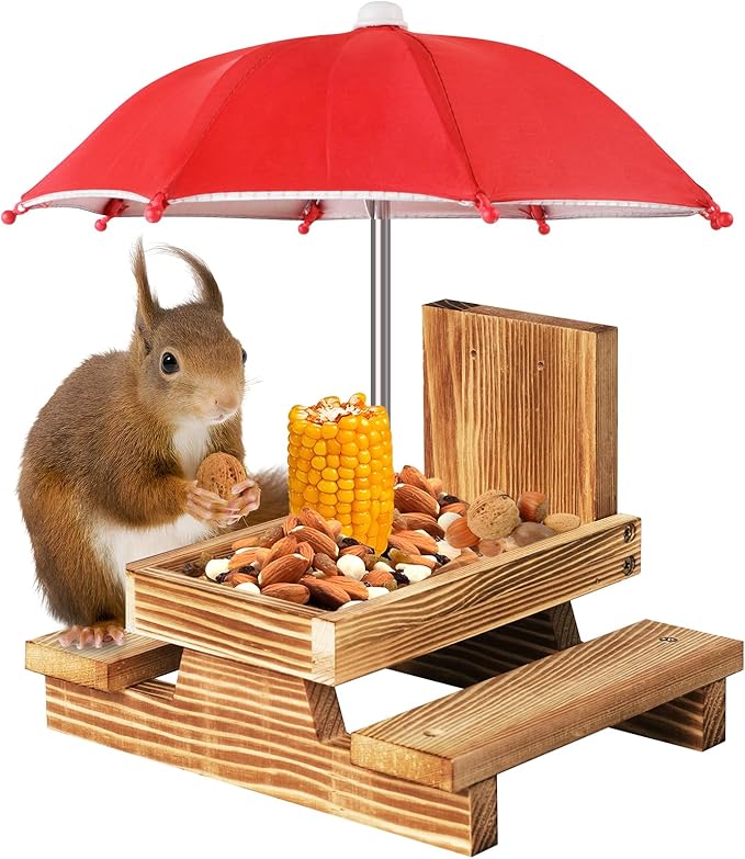 Gnodary Squirrel Feeder with Umbrella, Squirrel Feeders for Outside, Squirrel Picnic Table Feeder - Chipmunk Feeder Hold Corn, Corn Cob, Peanuts Style2 (Red)
