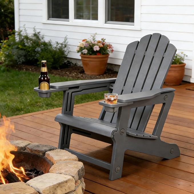 PURPLE LEAF Adirondack Chair HDPE All-Weather Outdoor Fire Pit Chair with 24.6" Oversized Seat Wood-Textured Patio Adirondack Chair with Dual Cup Holders for Garden Deck Backyard, Gray