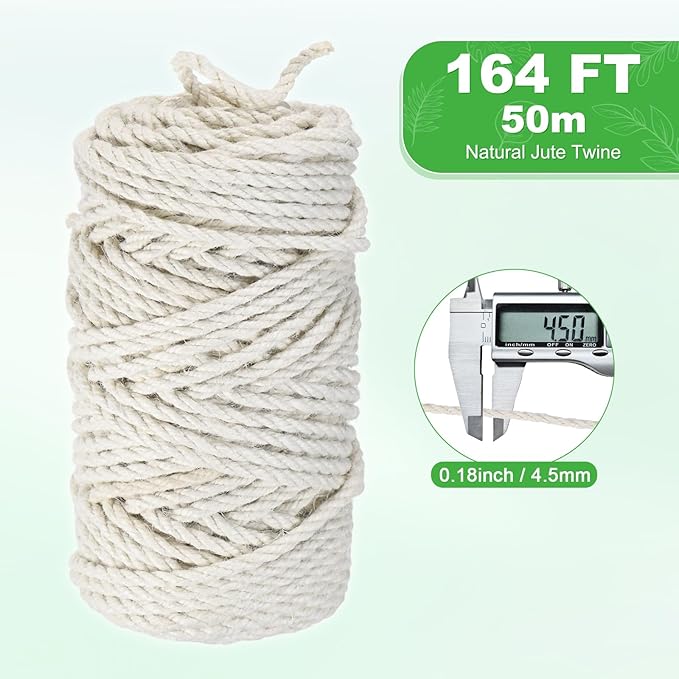 1-Pack Natural Jute Twine String, 4.5mm x 164ft/50m Long Garden Twine String for Crafts/Gift Wrapping/Gardening Plants, Durable Plant Ties Thick Rope [White]