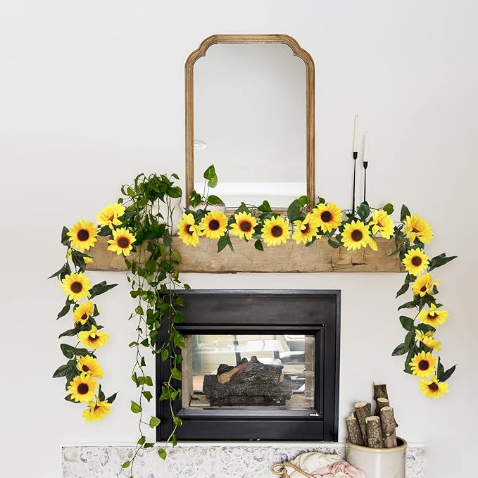 Uieke 3 Pack Artificial Sunflower Garland, 7.5ft/Strand Silk Sunflowers Hanging Vines Flowers with Green Leaves for Room Kitchen Garden Birthday Wedding Baby Shower Party Table Decor Large