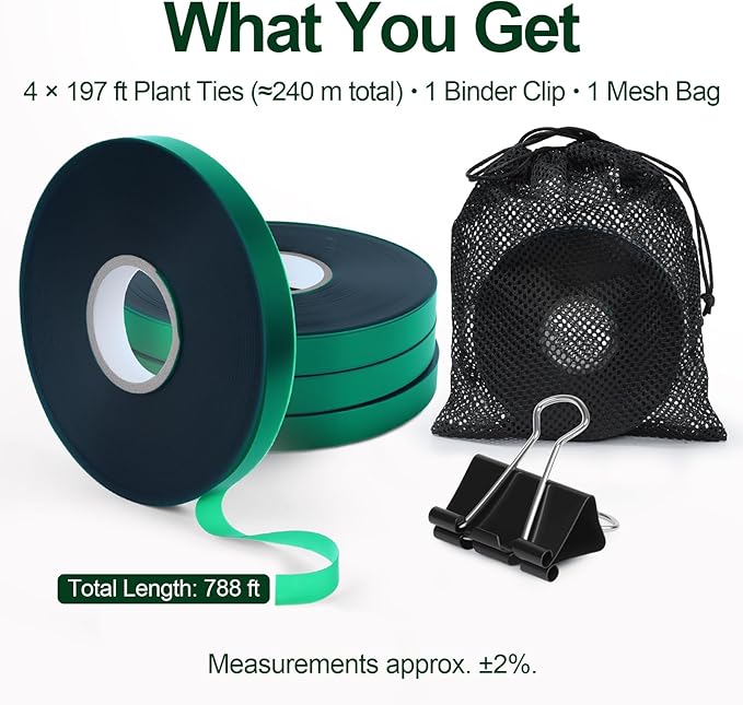 Plant Tie Tape – 4 Rolls (788 ft) Stretch Vinyl (PVC), 0.5" Wide, Non-Adhesive Garden Ties for Stems & Poles – Includes Mesh Bag & Binder Clip (788 ft)