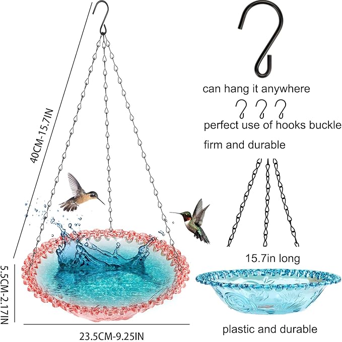 4 Pack Hanging Bird Baths Bowl Outdoor Bird Feeder 15.7 Inch Metal Chains, Weather-Resistant Hanging Bird Feeder & Bath Tray for Garden, Patio, Backyard Wildlife Decor