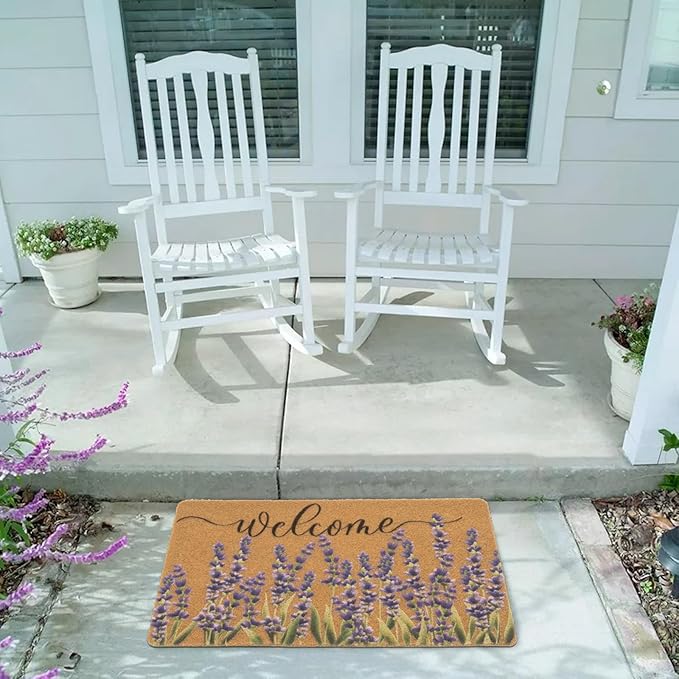 Lavender-Welcome-Doormat for Indoor Outdoor Entrance Floral-Spring-Summer-Door-Mats Non Slip Coir Seasonal Doormat 17 x 29 Inches