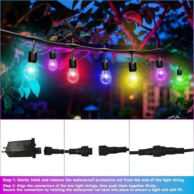 RGB Safety String Lights 100FT - Commercial Grade Low Voltage Strand with 40 S14 Shatterproof Bulbs for Tree Garden Yard bistro Cafe | RGB Party Lights & Outdoor Lights | IP65 Waterproof | UL Listed