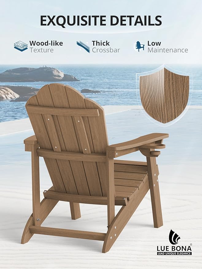 LUE BONA Wood-Grain HDPE Adirondack Chairs Set of 2 - Weather Resistant Seating with Cup Holder for Porch, Cabin, Deck & Fire Pit, Brown