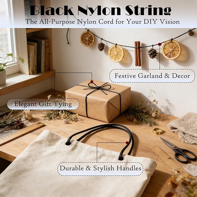 Black Nylon Twine, 200ft 3mm UV Resistant Nylon Cord Twine for Garden, Fishing, Wrapping, Camping and Outdoor Survival, Netting Home Improvement