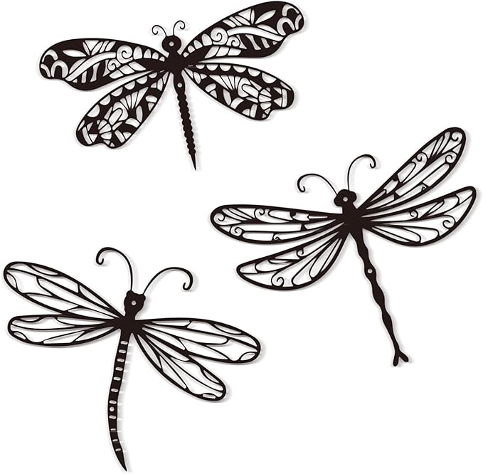 Large 14.56" Dragonflies Metal Wall Decor - 3 Pack Rust-Proof Garden Art Dragonfly Wall Hanging Sculpture for Outdoor & Indoor Yard Fence Outside Decorations - Insects Gift for Women & Nature Lovers