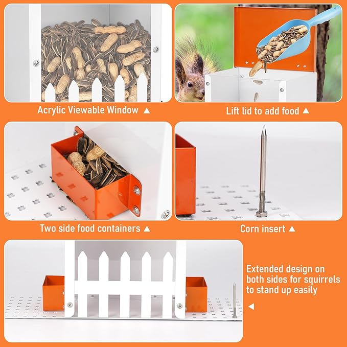 Metal Squirrel Feeders for Outside,Hanging Squirrel Box and Window Squirrel Feeder with Corn Cob Holder for Squirrel, Chipmunks (Orange)