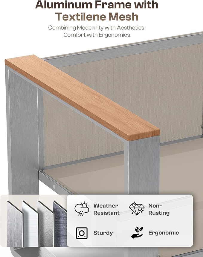 Outdoor Furniture Set, 4 Piece Aluminum Patio Furniture Set with Wide Seat and Thick Cushions, Modern Outdoor Patio Conversation Sets for Deck, Porch (Teak-Gray)