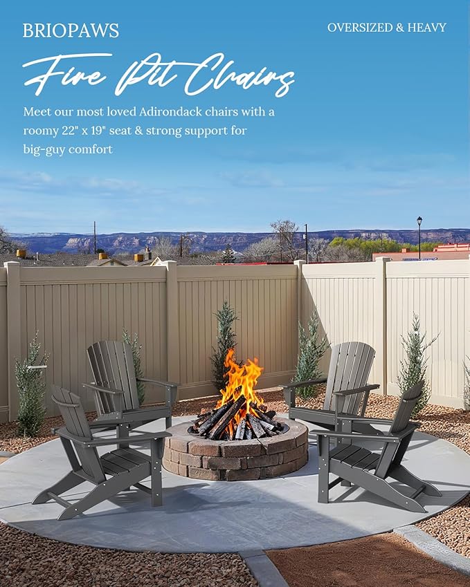 BRIOPAWS Oversized Adirondack-Chairs-Set of 4 | HDPE Plastic | Fire Pit Chair | Weather Resistant | for Deck Outdoor Poolside Campfire | Grey