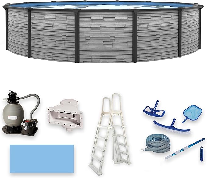 Blue Wave Montilla 15-ft Round 52-in Deep Above Ground Swimming Pool – with Steel Wall & Top Rails, Sand Filter, Overlap Liner, A-Frame Ladder & Maintenance Kit – Complete Outdoor Pool Accessories