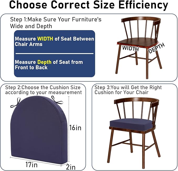 Topotdor Outdoor Chair Cushions Set of 2, 17"x16"x2" Waterproof Patio Chair Cushions for Outdoor Furniture, Round Corner Outdoor Seat Cushions Color Fastness Chair Pads with Ties, Blue